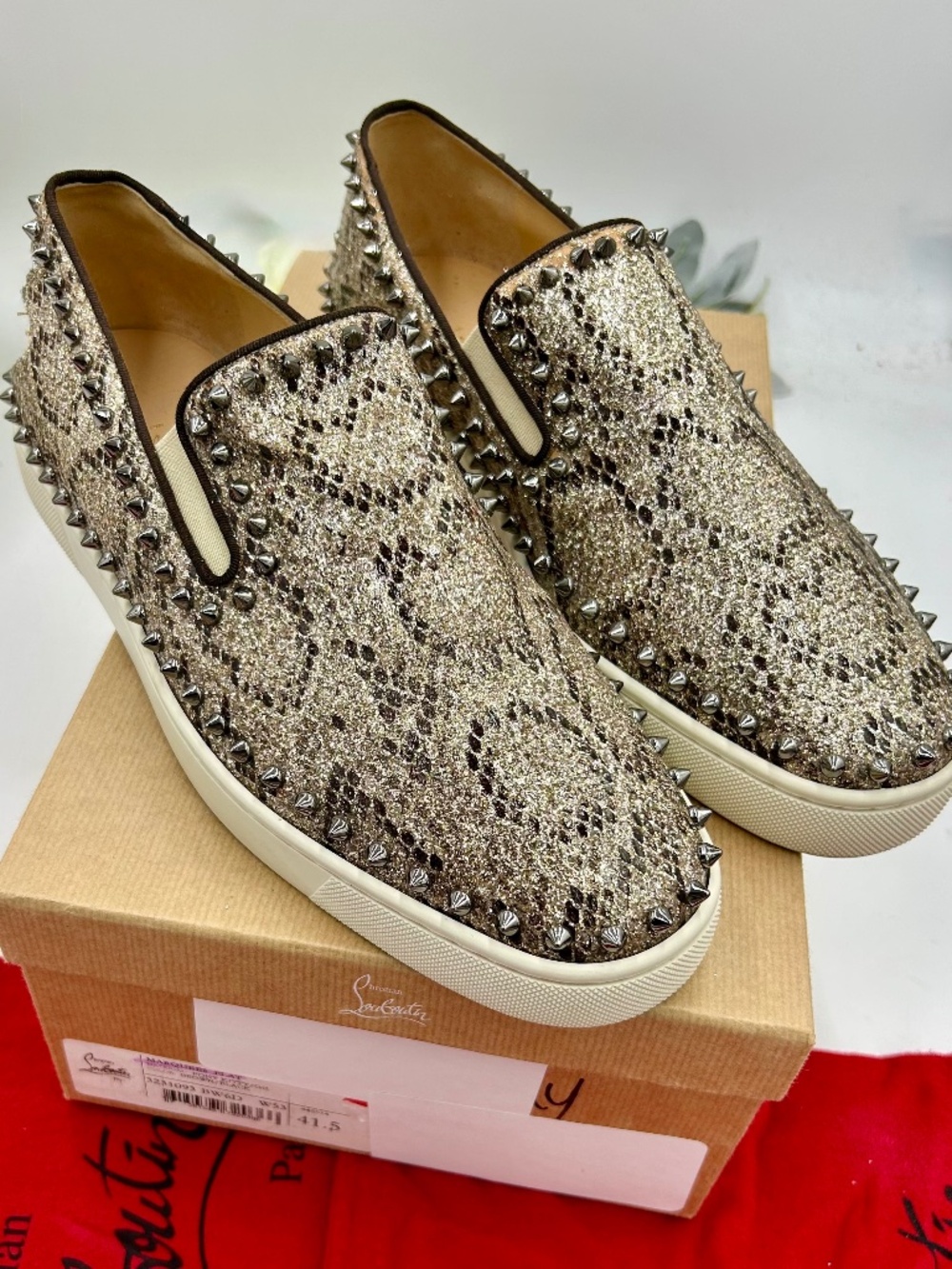 Men’s Christian Louboutin “Pik Boat” Python Slip-On Sneakers.  Size 46/ 13 US